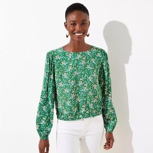 LOFT Green and White Puff Sleeve Wrap Crop Blouse